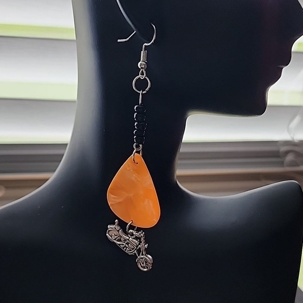 Handmade Orange Dangle Earrings with Black Accents - Picture 6 of 6